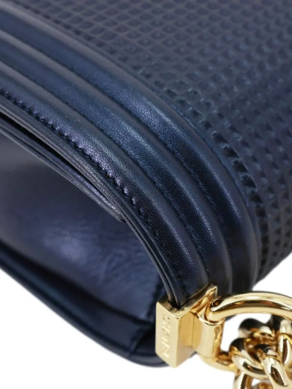 Chanel  Boy Flap Medium Cube Embossed Leather Shoulder Bag Navy Blue